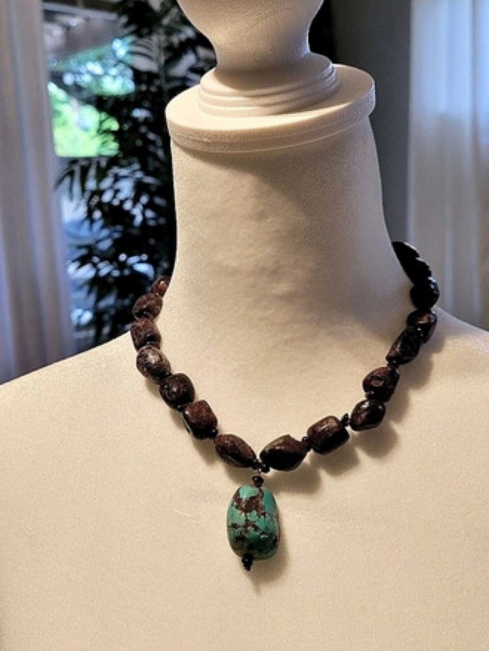 Vintage Brown Stones & Turquoise Pendant 17" Necklace